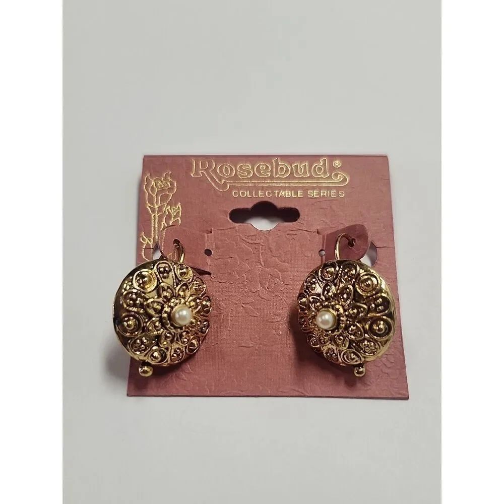 Rosebud Gold-Tone Filigree Earrings with Pearl Accent